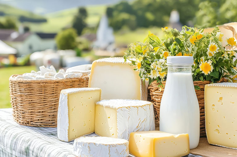 Verschiedene Käsesorten und Milchflasche auf Tisch im Freien, umgeben von Blumen und grüner Landschaft.